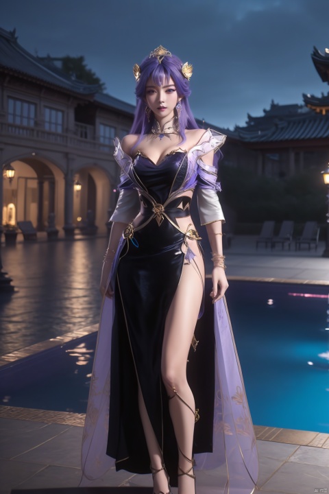 BLCS2tianqiong, 1girl, solo, jewelry, hair ornament, dress, long hair, purple hair, looking at viewer, earrings, detached sleeves, bracelet,clothing cutout, detached collar,cityscape, night,pool, ,makeup,standing_up,full_body,
