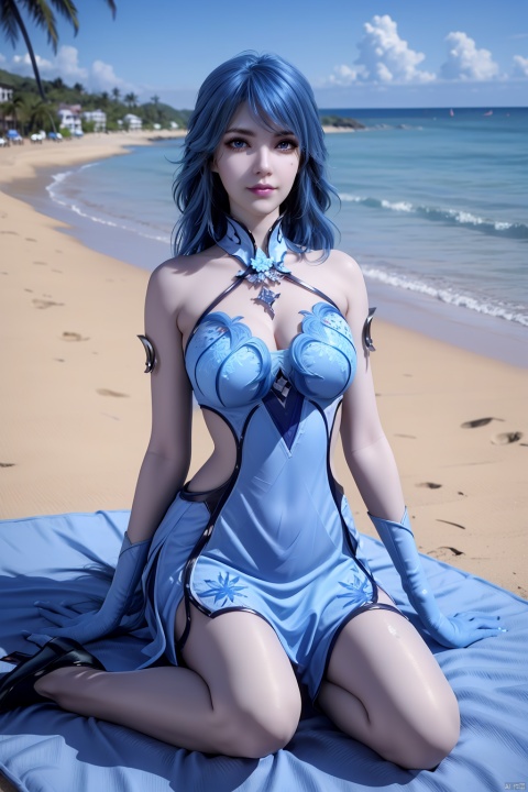  masterpiece,(best quality),(3d)official art, extremely detailed cg 8k wallpaper,((crystalstexture skin)), (extremely delicate and beautiful),highly detailed,1girl,solo,long hair,headwear,(sitting,sit down),(blue hair),(looking at the audience:1.3),(Facing the camera:1.3),(blue dress,chinese_clothes),((Summer, beach, sunbathing, seaside)),((looking_at_viewer)), (medium breasts), (full_body), long_hair,high_heels., 1girl