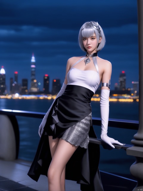  1girl,standing_up ,short hair, hair ornament,white elbow gloves, mature female, cityscape, night, looking at viewer, ,DLDLyelingling,skirt,jewelry, collar, trim,silver hair,silver skirt,short skirt, DLDLyelingling,high_heels,fulll_body, 
