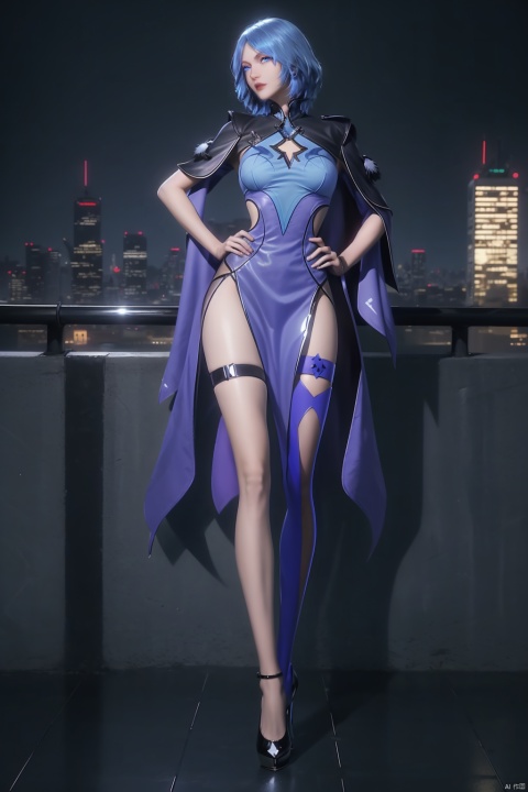  DLDLshuibinger, 1girl, solo, blue hair, blue eyes,dress,single thighhigh,thigh strap,,clothing cutout, looking at viewer, cityscape, night, mature female, hand on hip, Shiny thigh straps, high heels, long_legs,full-body close-ups,