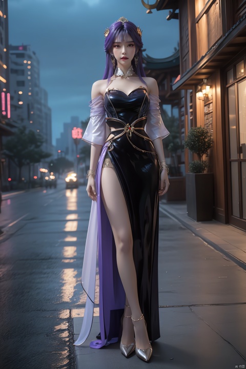  BLCS2tianqiong, 1girl, solo, jewelry, hair ornament, dress, long hair, purple hair, looking at viewer, earrings, detached sleeves, bracelet,clothing cutout, detached collar,cityscape, night, ,makeup,standing_up,full_body,long_legs,high_heels, tq