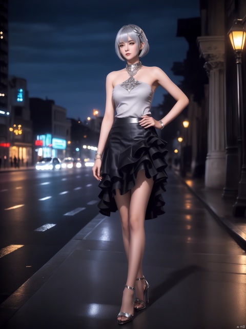  1girl,f ,short hair, hair ornament,, mature female, cityscape, night, looking at viewer, ,DLDLyelingling,skirt,jewelry, collar, trim,silver hair,silver skirt,short skirt, DLDLyelingling,high_heels,fulll_body,