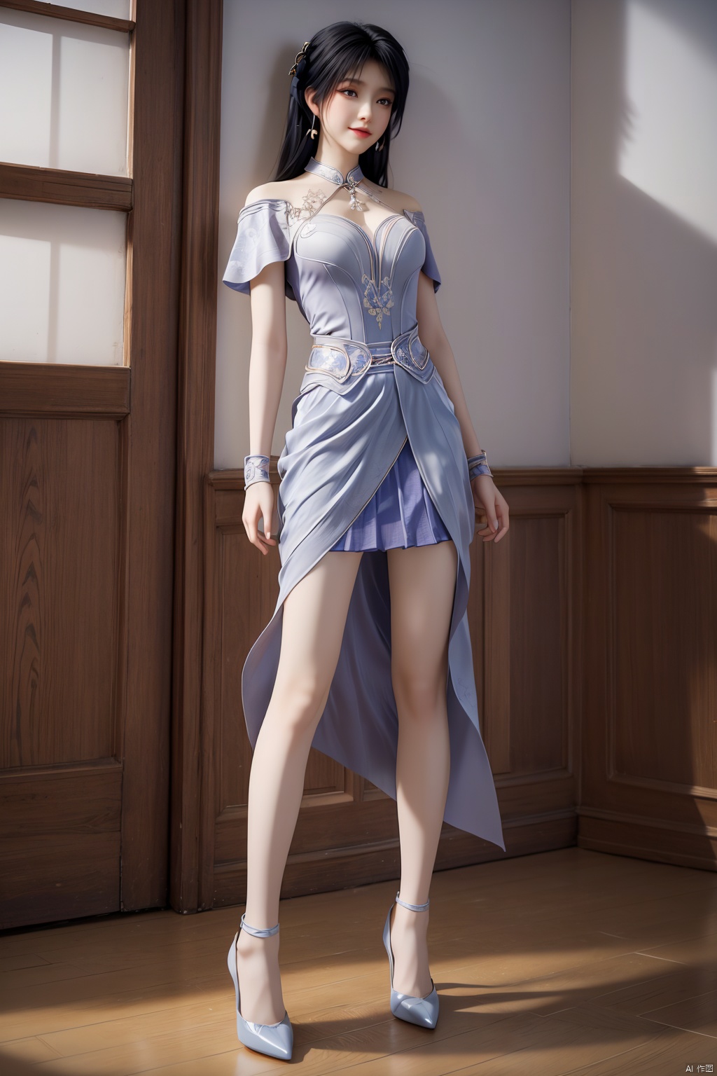  masterpiece,(best quality),3d,(makeup),official art, extremely detailed cg 8k wallpaper,((crystalstexture skin)), (extremely delicate and beautiful),highly detailed,1girl,solo,long hair,headwear,(standing),(blue_hair),((dress,skirt)),(chinese_clothes),((full_body)),(breasts),((hair_ornament)),(sunshine, indoor),((looking_at_viewer)),((Facing the camera)),(closed_mouth), long_legs,high_heels,