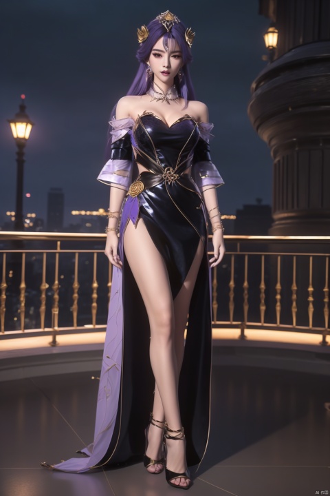  BLCS2tianqiong, 1girl, solo, jewelry, hair ornament, dress, long hair, purple hair, looking at viewer, earrings, detached sleeves, bracelet,clothing cutout, detached collar,cityscape, night, ,makeup,standing_up,full_body,long_legs,high_heels,