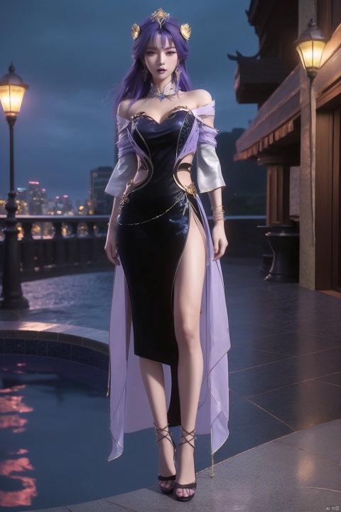  BLCS2tianqiong, 1girl, solo, jewelry, hair ornament, dress, long hair, purple hair, looking at viewer, earrings, detached sleeves, bracelet,clothing cutout, detached collar,cityscape, night,pool, ,makeup,standing_up,full_body,long_legs,