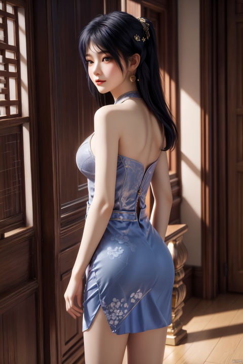  masterpiece,(best quality),3d,(makeup),official art, extremely detailed cg 8k wallpaper,((crystalstexture skin)), (extremely delicate and beautiful),highly detailed,1girl,solo,long hair,headwear,(standing),((,from_behind,)),(blue_hair),((dress,skirt)),(chinese_clothes),((upper_body)),(breasts),((hair_ornament)),(sunshine, indoor),((looking_at_viewer)),((Facing the camera)),(closed_mouth), long_legs,high_heels,