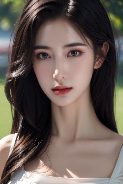  extremely detailed,realistic,1girl,solo,black hair,long hair,Messy hair,black eyes,lips,collarbone,flower,upper body,portrait,dress,close_mouth,looking at viewer,side,beauty,blurry background,Split Lighting,deep shadow,cowboy shot,white dress,Elegant movements, ((poakl))