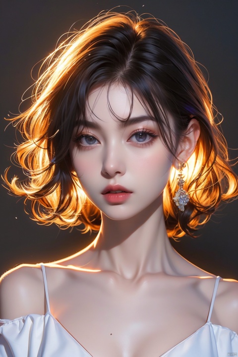 1girl, solo, black hair,  realistic, earrings, black eyes, lips, collarbone, parted lips,upper body, portrait, looking awayirt, Light master