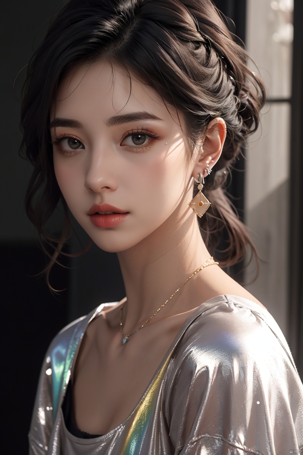  1girl, solo, black hair, realistic, earrings, black eyes, lips, collarbone, parted lips,upper body, portrait, looking awayirt, hubg_jsnh, Rainbow foil