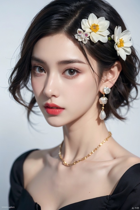  1girl, solo, black hair, short hair, jewelry, realistic, earrings, hair ornament, black eyes, lips, collarbone, parted lips, flower, watermark, upper body, portrait, hair flower, dress, web address, looking awayirt