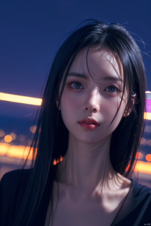 masterpiece, best quality, 1girl, colorful, highest detailed, detailed gorgeous face, detailed_eyes, (light in eyes), ray_tracing, night_sky, Dreamy Atmosphere, cosplay, detailed_background, middle_breasts, guidao