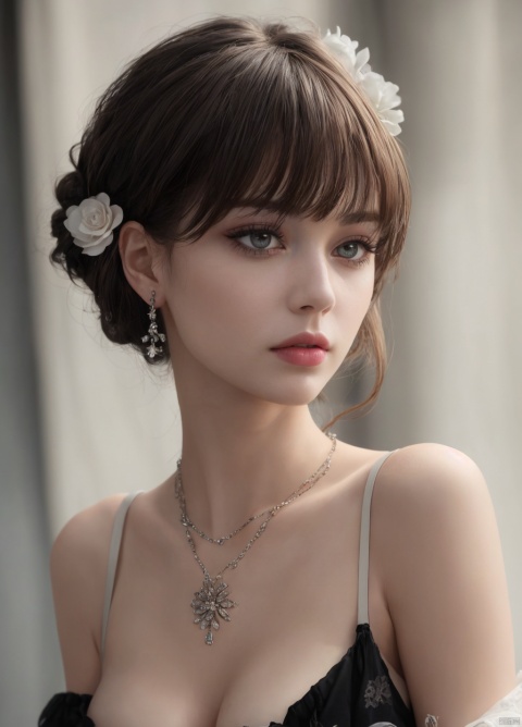 1girl, solo, long hair, breasts, looking at viewer, bangs, black hair, hair ornament, dress, cleavage, bare shoulders,flower, earrings, hair flower, necklace, lips,realistic,Black eyes,lips, makeup, portrait, eyeshadow, realistic, nose,{{best quality}}, {{masterpiece}}, {{ultra-detailed}}, {illustration}, {detailed light}, {an extremely delicate and beautiful}, a girl, {beautiful detailed eyes},
