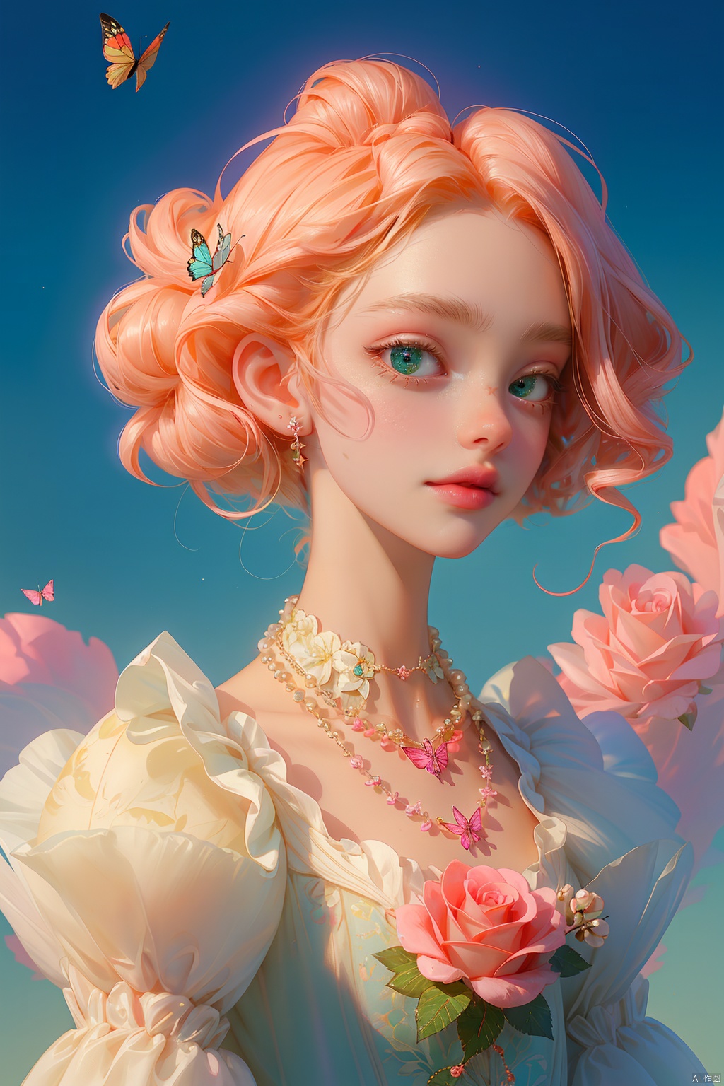  quality, 8K, extremely complex details, 1girl, lolita, careful eyes, looking_at_viewer, butterfly, gradient art, in the flower cluster, (rose:1.1), sky, (white cloud:0.9), full_shot, necklace, pearls andjewels, 