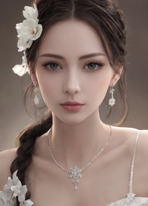 1girl, solo, long hair, breasts, looking at viewer, bangs, black hair, hair ornament, dress, cleavage, bare shoulders,flower, earrings, hair flower, necklace, lips,realistic,Black eyes,lips, makeup, portrait, eyeshadow, realistic, nose,{{best quality}}, {{masterpiece}}, {{ultra-detailed}}, {illustration}, {detailed light}, {an extremely delicate and beautiful}, a girl, {beautiful detailed eyes},