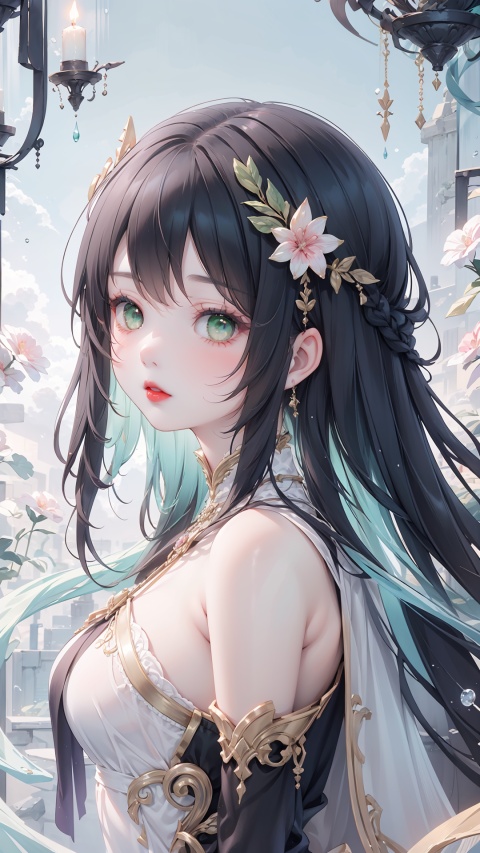 A girl, bust, delicate makeup, Face close-ups, colorful hair,Red lips, delicate eye makeup,colorful hair,green eyes,fair skin, blisters,fantasy style, beautiful illustration, complex composition, floating long hair, seven colors,delicate skin, luster, Elegant clothes, 