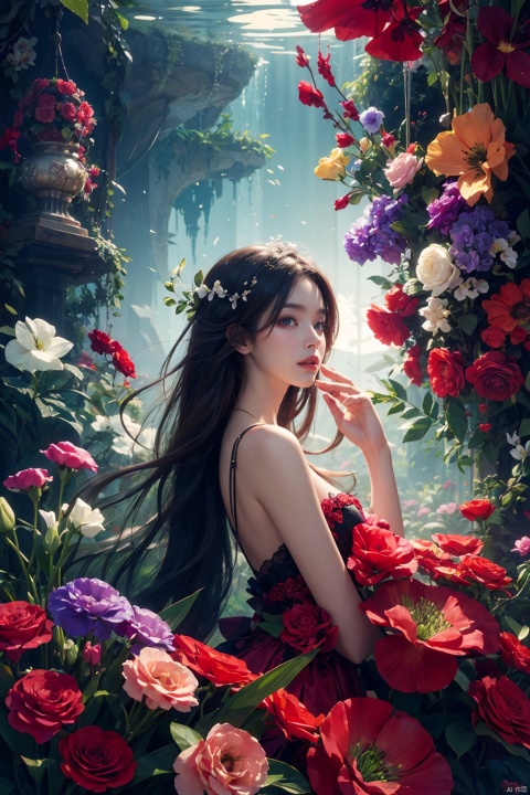 1girl, long hair, flower, Lisianthus,  dreamy and romantic compositions, red, ethereal foliage, playful arrangements, fantasy, high contrast,  abstract, whole body capture,