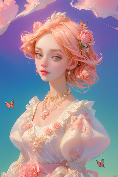 quality, 8K, extremely complex details, 1girl, lolita, careful eyes, looking_at_viewer, butterfly, gradient art, in the flower cluster, (rose:1.1), sky, (white cloud:0.9), full_shot, necklace, pearls andjewels, , jy