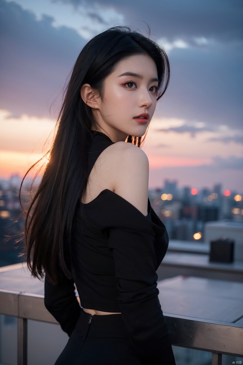  NSFW,Frontal photography,Look front,evening,dark clouds,the setting sun,On the city rooftop,A 20 year old female,Black top,Black Leggings,black hair,long hair, dark theme, muted tones, pastel colors, high contrast, (natural skin texture, A dim light, high clarity) ((sky background))((Facial highlights)),