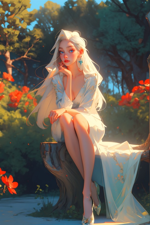 beautiful , summer, blue sky, green tree, red flowers, brook, Girl, gigant breasts, beautiful face, white clouds,  wonder beauty, full body, masterpiece, best quality, ultra-detailed, illustration, straight on, ultra high res, (photorealistic:1.4), PureErosFace_V1, heavy eye makeup, erotic pose, light smile, shiny skin, best quality, masterpiece, deep of field, 1 girl, white hair, long hair, serene expression, looking at viewer, crystal glass slippers, forrest, sitting on the stump, cleavage, double eyelids, eyeliner, 