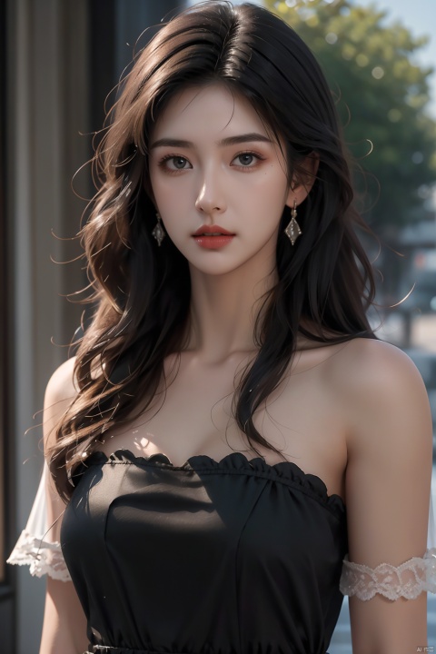  extremely detailed,realistic,1girl,solo,black hair,long hair,Messy hair,black eyes,lips,collarbone,flower,upper body,portrait,dress,close_mouth,looking at viewer,side,beauty,blurry background,Split Lighting,deep shadow,cowboy shot,white dress,Elegant movements,