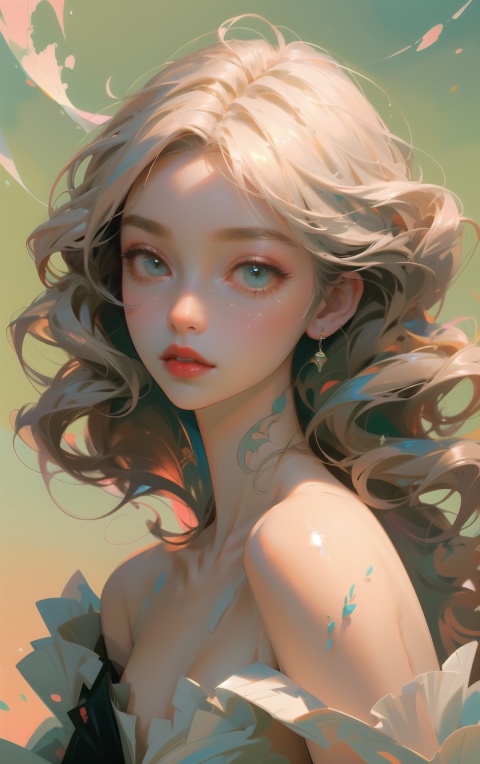 A girl, bust, delicate makeup, Face close-ups, colorful hair,Red lips, delicate eye makeup,colorful hair,green eyes,fair skin, blisters,fantasy style, beautiful illustration, complex composition, floating long hair, seven colors,delicate skin, luster, Elegant clothes, , Anime