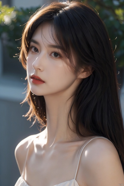 extremely detailed,realistic,1girl,solo,black hair,long hair,Messy hair,black eyes,lips,collarbone,flower,upper body,portrait,dress,close_mouth,looking at viewer,side,beauty,blurry background,Split Lighting,deep shadow,cowboy shot,white dress,Elegant movements,