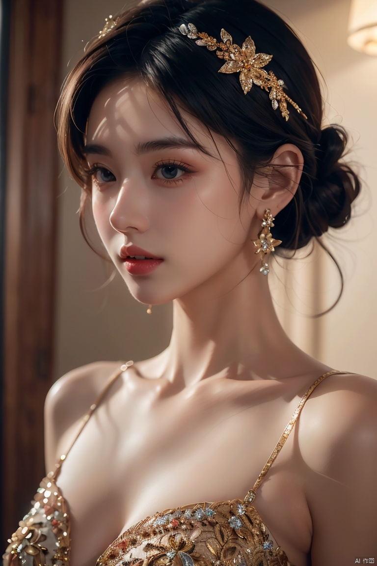  1girl, solo, black hair,  jewelry, realistic, earrings, hair ornament, black eyes, lips, collarbone, parted lips, flower, watermark, upper body, portrait,  dress, looking awayirt, Light master