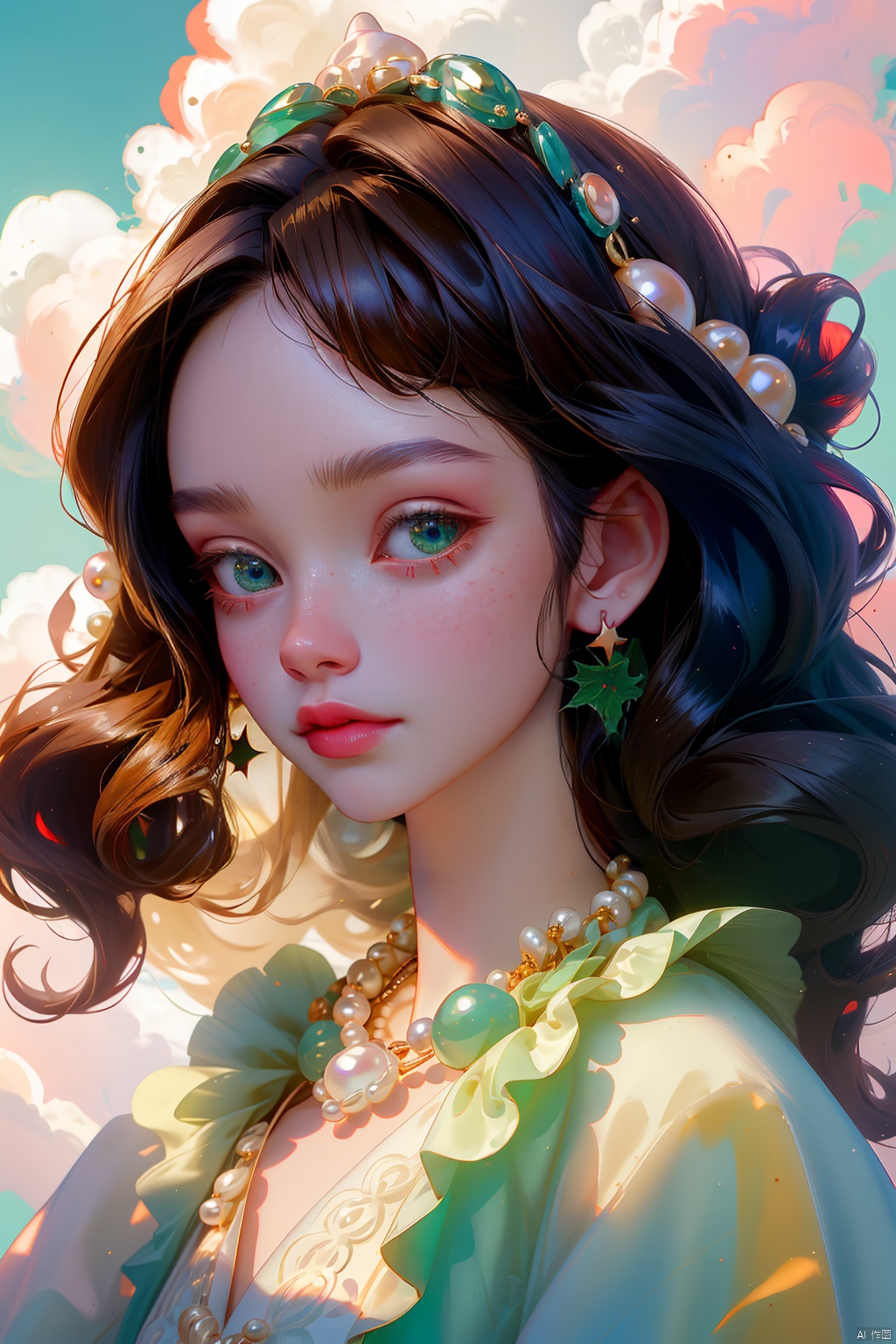  quality, 8K, extremely complex details, 1girl, lolita, Dark hair,careful eyes, looking_at_viewer, (white cloud:0.9), full_shot, necklace, pearls andjewels,