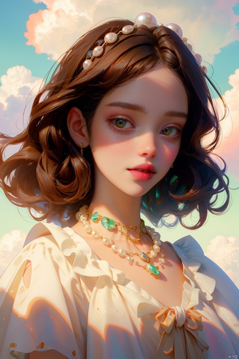  quality, 8K, extremely complex details, 1girl, lolita, Dark hair,looking_at_viewer, (white cloud:0.9), full_shot, necklace, pearls andjewels,