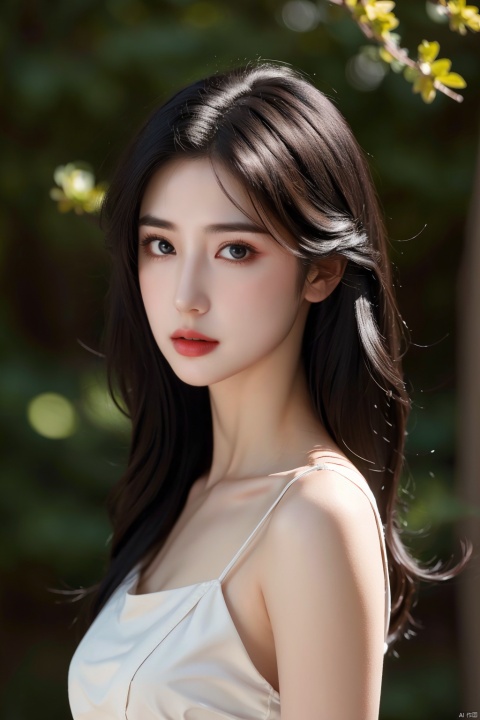  extremely detailed,realistic,1girl,solo,black hair,long hair,Messy hair,black eyes,lips,collarbone,flower,upper body,portrait,dress,close_mouth,looking at viewer,side,beauty,blurry background,Split Lighting,deep shadow,cowboy shot,white dress,Elegant movements, ((poakl))