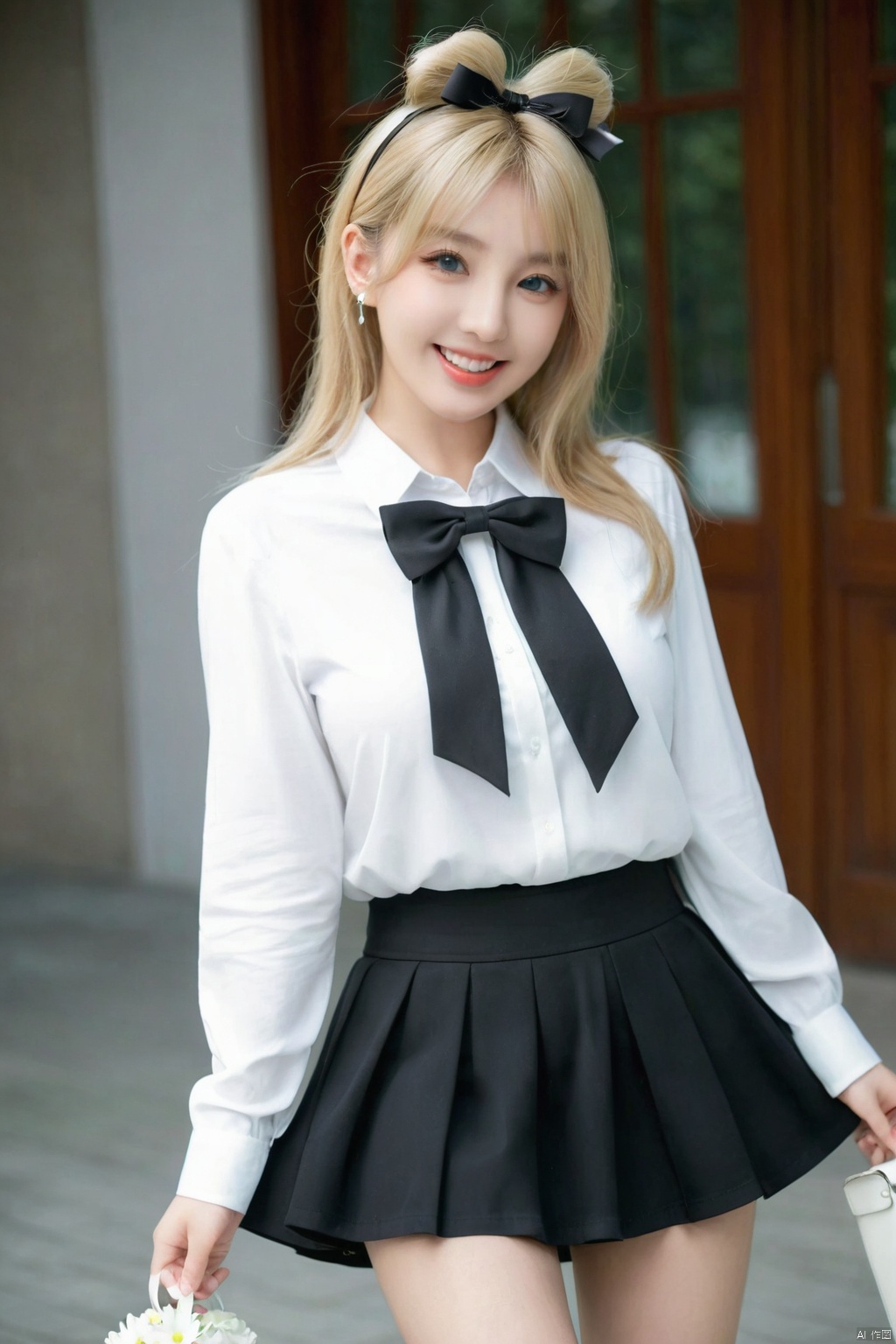 best quality, girl,  blonde hair, bow hair, aqua eyes, seductive smile, tongue, black eyes, longeyelashes, big breasts, mole on the chest, white shirt, short black skirt, shoes, pendant, hair ribbon, flower ribbon, hair_ribbon,