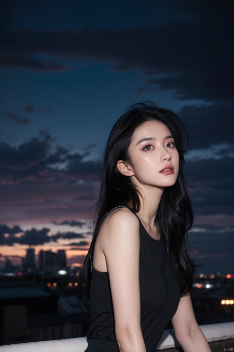  NSFW,Frontal photography,Look front,evening,dark clouds,the setting sun,On the city rooftop,A 20 year old female,Black top,Black Leggings,black hair,long hair, dark theme, muted tones, pastel colors, high contrast, (natural skin texture, A dim light, high clarity) ((sky background))((Facial highlights)),