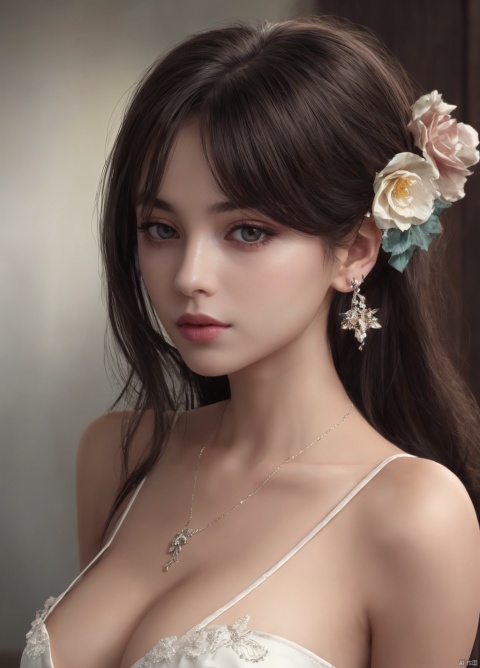 1girl, solo, long hair, breasts, looking at viewer, bangs, black hair, hair ornament, dress, cleavage, bare shoulders,flower, earrings, hair flower, necklace, lips,realistic,Black eyes,lips, makeup, portrait, eyeshadow, realistic, nose,{{best quality}}, {{masterpiece}}, {{ultra-detailed}}, {illustration}, {detailed light}, {an extremely delicate and beautiful}, a girl, {beautiful detailed eyes},