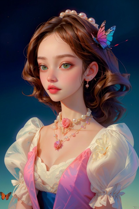  quality, 8K, extremely complex details, 1girl, lolita, Dark hair,careful eyes, looking_at_viewer, butterfly, gradient art, in the flower cluster, (rose:1.1), sky, (white cloud:0.9), full_shot, necklace, pearls andjewels, , jy