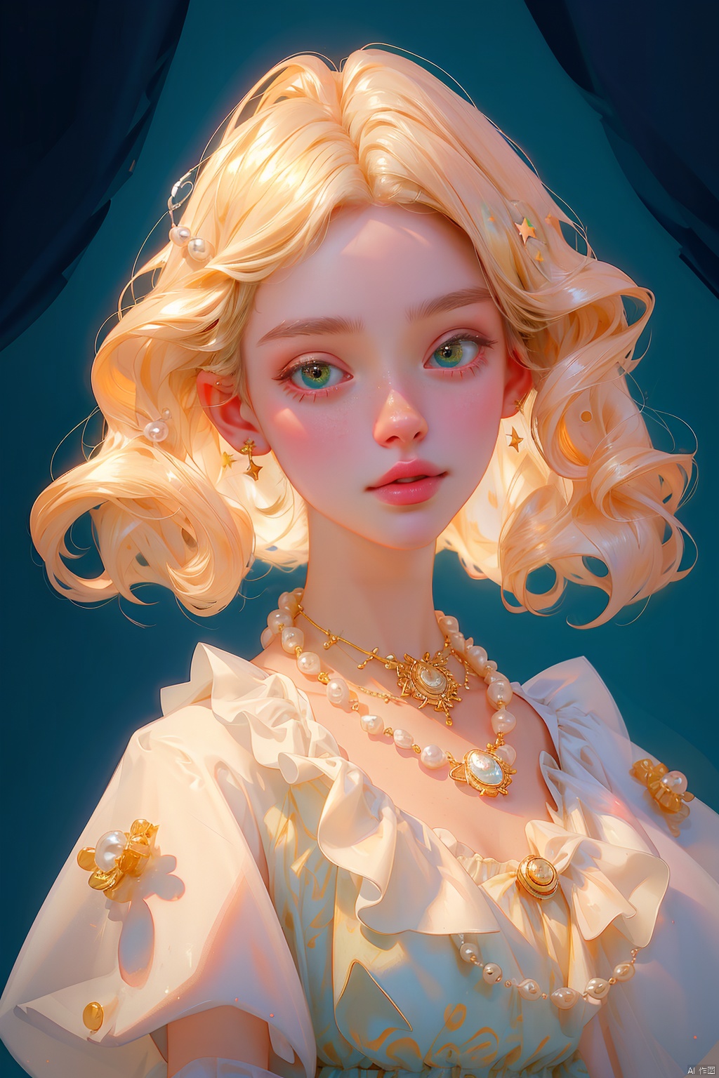  quality, 8K, extremely complex details, 1girl, lolita, Light hair,looking_at_viewer, (white cloud:0.9), full_shot, necklace, pearls andjewels,