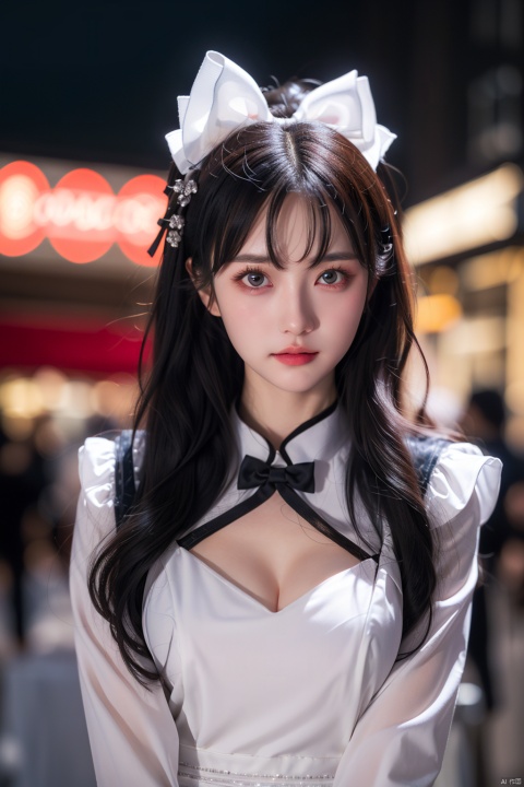 masterpiece, best quality, 1girl, colorful, highest detailed, detailed gorgeous face, detailed_eyes, (light in eyes), ray_tracing, night_sky, Dreamy Atmosphere, cosplay, detailed_background, middle_breasts, guidao, (\meng ze\), dress , long sleeves , hair bow