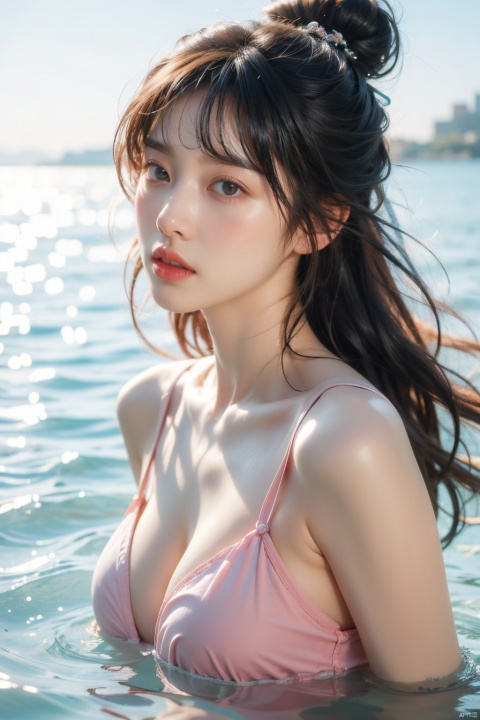  best quality, masterpiece,beautiful detailed eyes,aqua eyes,solo,bunches,bangs,swimsuit,Playing in the water by the beach,realistic,8k