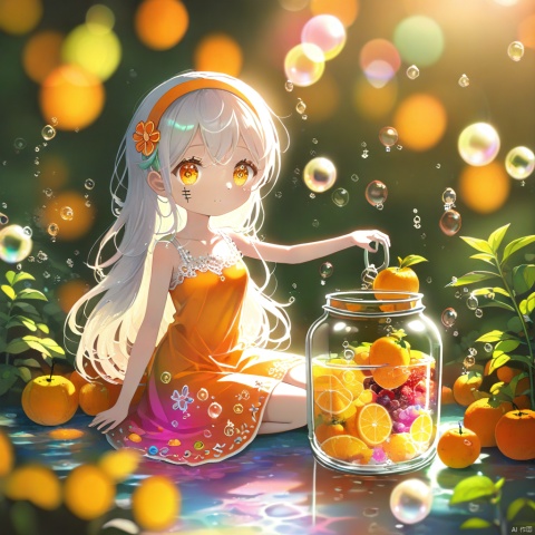  (masterpiece), (best quality), illustration, ultra detailed, hdr, Depth of field, (colorful), loli,(flowers background:1.45),(transparent background:1.3)(an extremely delicate and beautiful girl inside of glass jar:1.2), (glass jar:1.35),(solo:1.2), (full body), (beautiful detailed eyes, beautiful detailed face:1.3), (sitting ), (very long silky hair, float white hair:1.15), (medium_breasts, tally and skinny:1.2), (Colorful dress:1.3), (extremely detailed lace:0.3), (insanely detailed frills:0.3),(hairband , orange hair_ornament:1.25),orange cans,water surface,full body,(bottle filled with orange water,bottle filled with Fanta:1.25), (many fruits in jar, many Sliced_fruits in jar:1.25), (many bubbles:1.25),