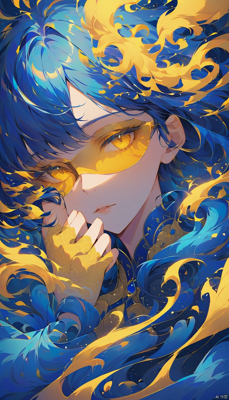  CG illustration,blues,digital artwork of a person's face,predominantly in shades of blue and yellow. the person's face is partially obscured by their hand,which is placed over their eyes. the background features abstract swirling patterns in yellow and blue,reminiscent of flames or energy. there are also faint outlines of buildings or structures in the background,with the vibrant colors and dynamic patterns creating a sense of movement and emotion.,