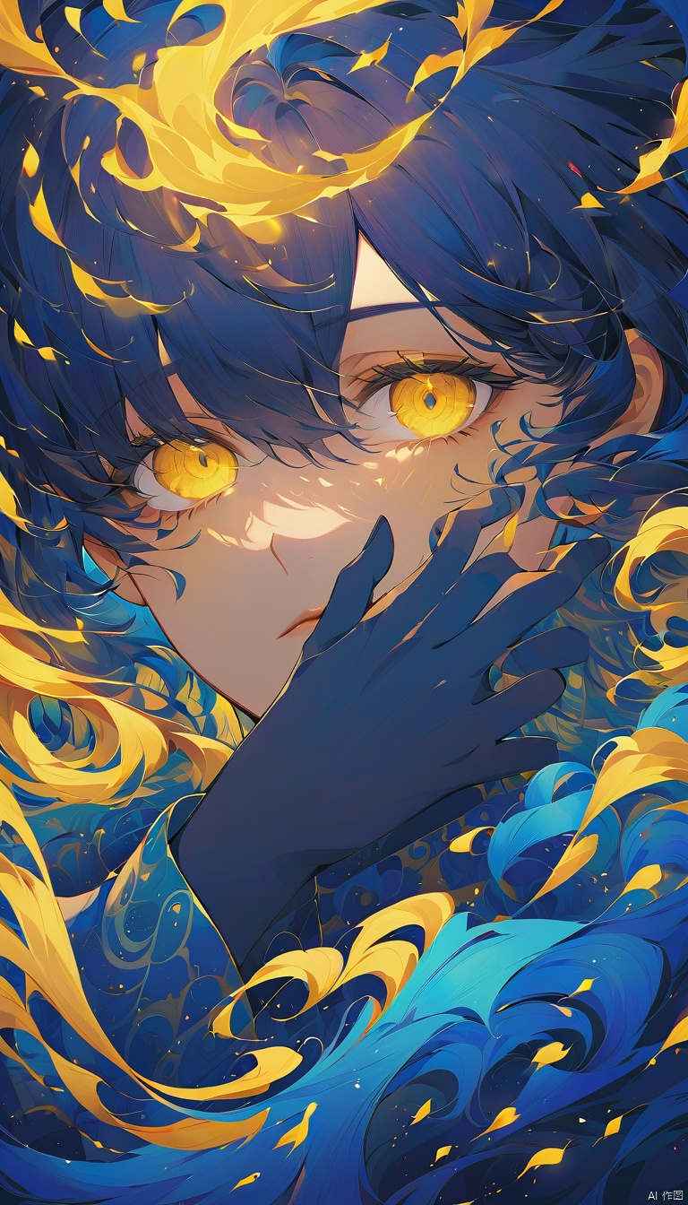  CG illustration,blues,digital artwork of a person's face,predominantly in shades of blue and yellow. the person's face is partially obscured by their hand,which is placed over their eyes. the background features abstract swirling patterns in yellow and blue,reminiscent of flames or energy. there are also faint outlines of buildings or structures in the background,with the vibrant colors and dynamic patterns creating a sense of movement and emotion.,