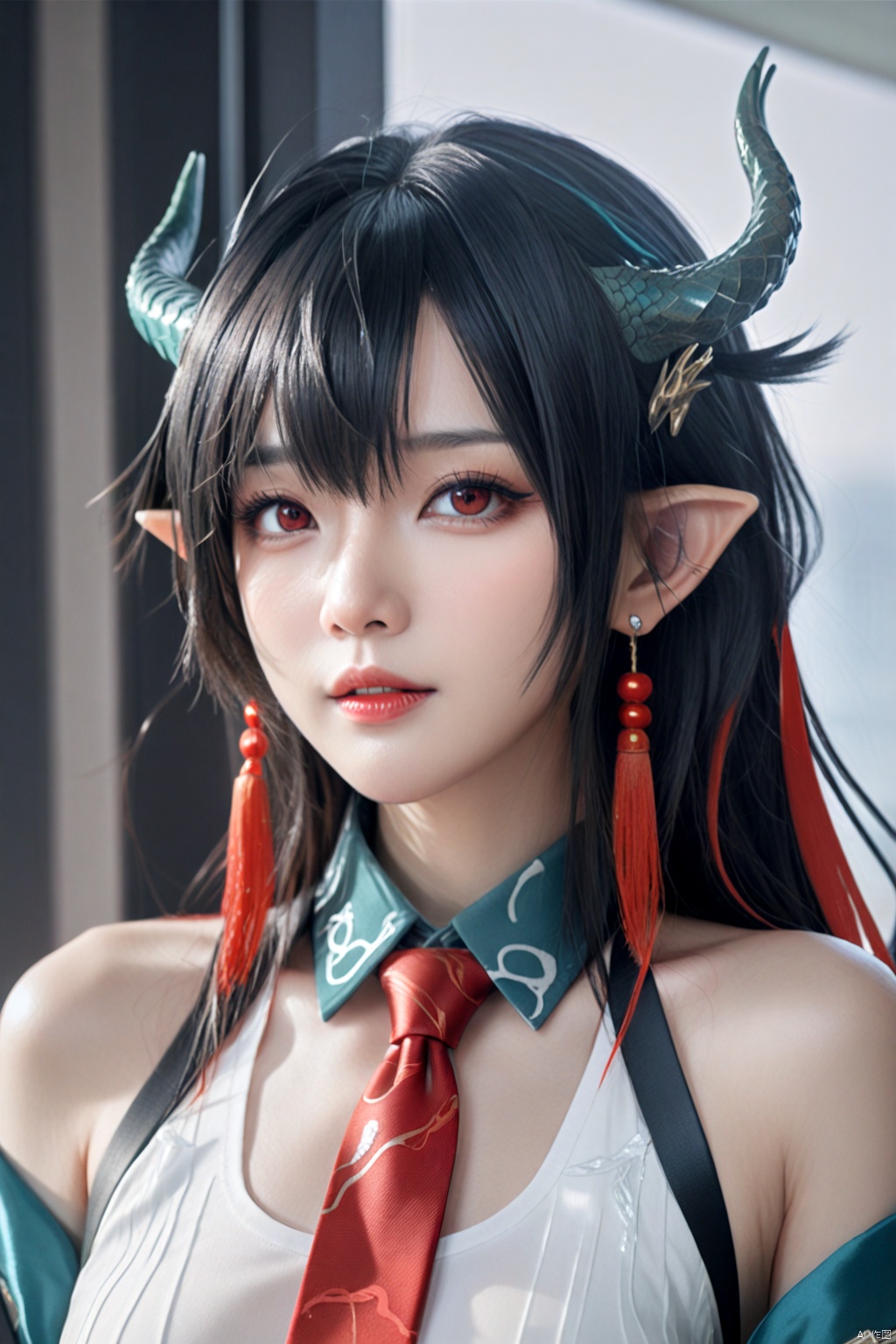  looking at viewer, 1girl, dusk (arknights), solo, horns, pointy ears, black hair, breasts, earrings, jewelry, upper body, long hair, large breasts, bare shoulders, dragon horns, necktie, white dress, dress, red eyes, multicolored hair, closed mouth, tassel, red necktie, off shoulder, streaked hair, bangs, sleeveless, BREAK, best quality, amazing quality, very aesthetic, absurdres, Highly detailed, best quality, masterpiece, Highly detailed,