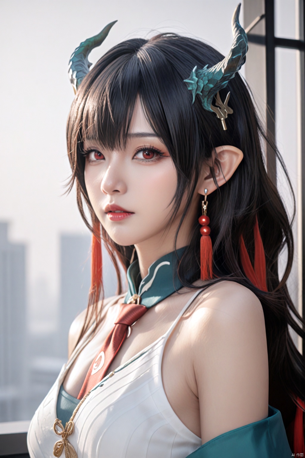  looking at viewer, 1girl, dusk (arknights), solo, horns, pointy ears, black hair, breasts, earrings, jewelry, upper body, long hair, large breasts, bare shoulders, dragon horns, necktie, white dress, dress, red eyes, multicolored hair, closed mouth, tassel, red necktie, off shoulder, streaked hair, bangs, sleeveless, BREAK, best quality, amazing quality, very aesthetic, absurdres, Highly detailed, best quality, masterpiece, Highly detailed,