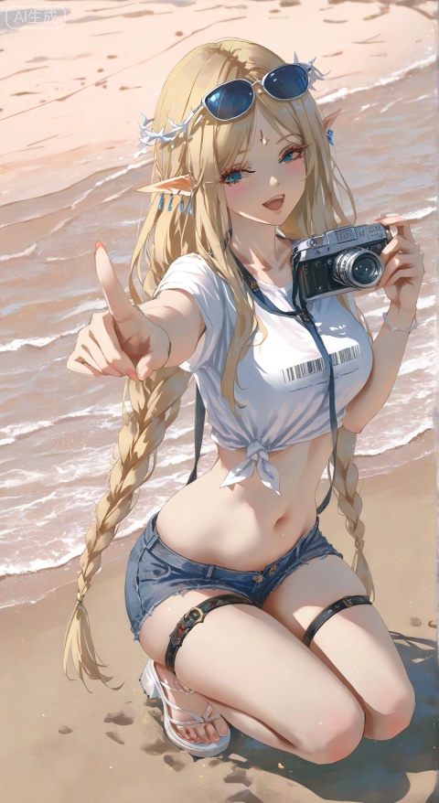 1 girl, single, long hair, breasts, looking at the camera, smiling, open mouth, blue eyes, blond hair, shirt, belly button, jewelry, very long hair, standing, full body, braided braids, happy smile, pointed ears, exposed waist, belly, bracelets, crop top, thigh straps, sandals, sunglasses, casual style, glasses on head, denim shorts, white top,, tie top, barcode, Mingchao Katishya, small blue and white crown of thorns, black forehead mark, blond hair, pointed ears, long hair, blue eyes, braids, beach, squatting, pointing one hand at the camera, depth of field, cinematic light and shadow, light particles, lens flare, ultimate aesthetics, masterpiece, best quality Quantity, excellent image quality, latest style, great beauty, ultra-high resolution, tensile lens, 32K ultra-high definition, sharp focus, top image quality, masterpiece, emotional expression, gentle atmosphere, high-end texture, Tyndall effect (weight 1.4), wlop Painting style (weight 0.6), 2024 style (weight 0.8), artist rhasta, rich colors, best quality, great beauty, ultra-high resolution, 32K ultra-high definition, sharp focus, top picture quality, emotional, gentle atmosphere, high-end texture, fashion photography style, dynamic sense, dynamic tension picture, visual impact (weight 1.2), ninth art, high impact picture, official art, rich colors, movie perspective, masterpiece, skin details, cyzf (model/keyword suffix)
