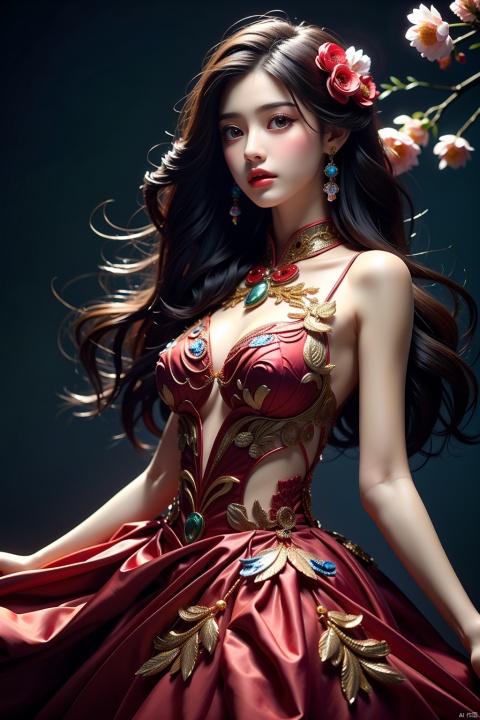  1 girl,long hair,many flowers,red dress,petal,branch