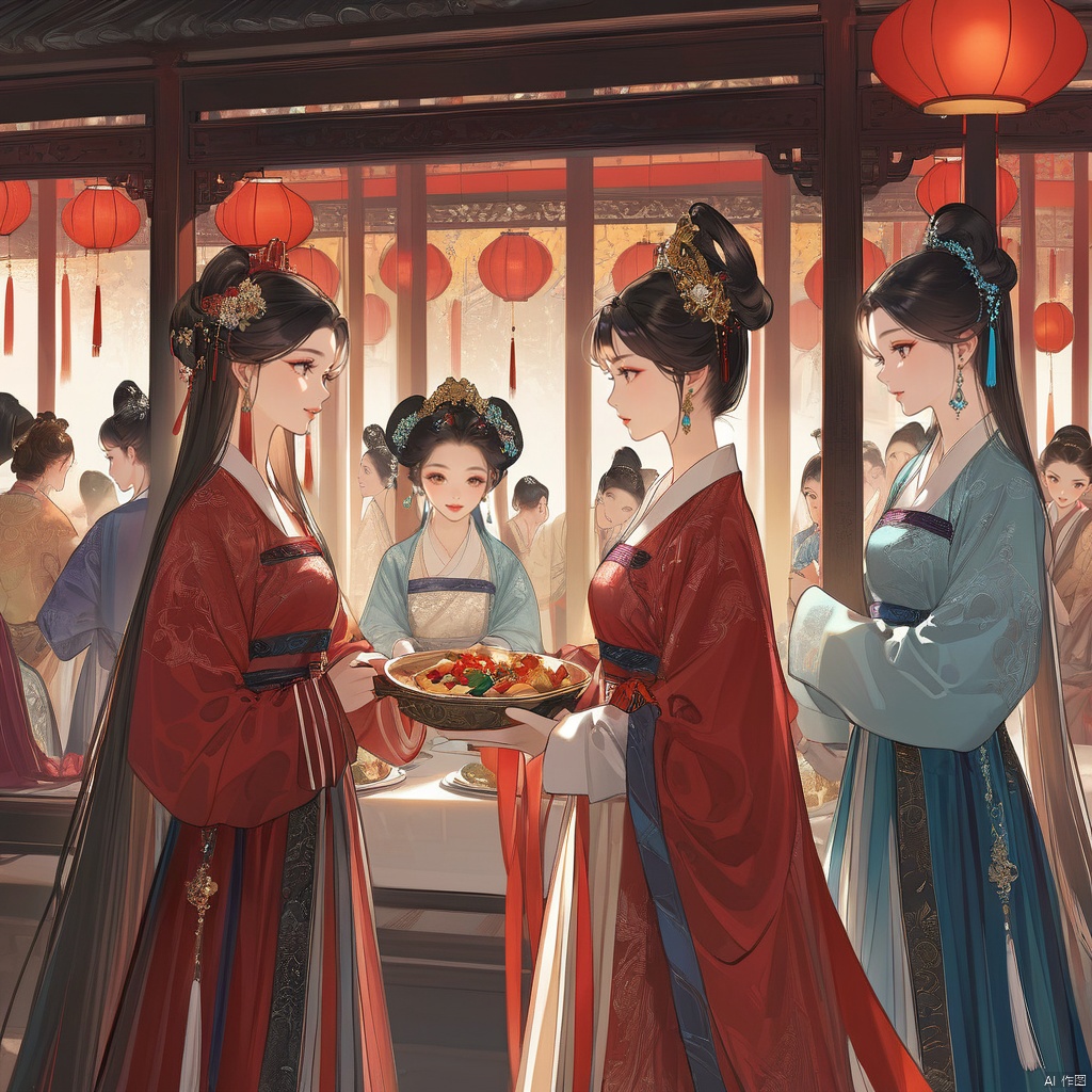  (best quality), ((masterpiece)), (highres),solo focus, detailed illustration of girls in stunning Hanfu attire are talking to each others, at an ancient Chinese banquet. Adorned with jewelry and beautiful hair ornaments, they exude elegance. Their black hair, red lips, facial decoration, and traditional makeup complement their attire. Each girl's long sleeves, earrings, and intricate hairstyles add to their charm. Despite their number, the focus remains on their collective beauty and grace.