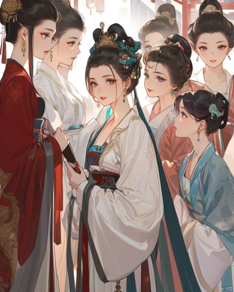  (best quality), ((masterpiece)), (highres), illustration, original, extremely detailed,jewelry, hanfu, multiple girls, hair ornament, makeup, chinese clothes, black hair, red lips, solo focus, shawl, looking at viewer, forehead mark, long sleeves, earrings, robe, updo, lipstick, sleeves past fingers, ribbon, profile, sleeves past wrists, closed eyes, wide sleeves, holding, necklace, sash, facial mark, closed mouth, 6+girls, hair pulled back, licg