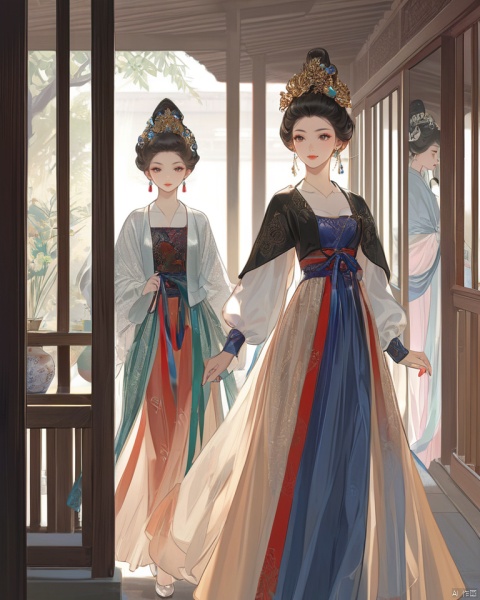 (best quality), ((masterpiece)), (highres),solo focus, In the detailed illustration, multiple girls in stunning Hanfu attire walk through a veranda. Adorned with jewelry and beautiful hair ornaments, they exude elegance. Their black hair, red lips, and traditional makeup complement their attire. Each girl's long sleeves, earrings, and intricate hairstyles add to their charm. Despite their number, the focus remains on their collective beauty and grace.