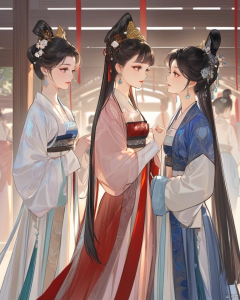  (best quality), ((masterpiece)), (highres),solo focus, detailed illustration of multiple girls in stunning Hanfu attire are talking to each others. Adorned with jewelry and beautiful hair ornaments, they exude elegance. Their black hair, red lips, facial decoration, and traditional makeup complement their attire. Each girl's long sleeves, earrings, and intricate hairstyles add to their charm. Despite their number, the focus remains on their collective beauty and grace.