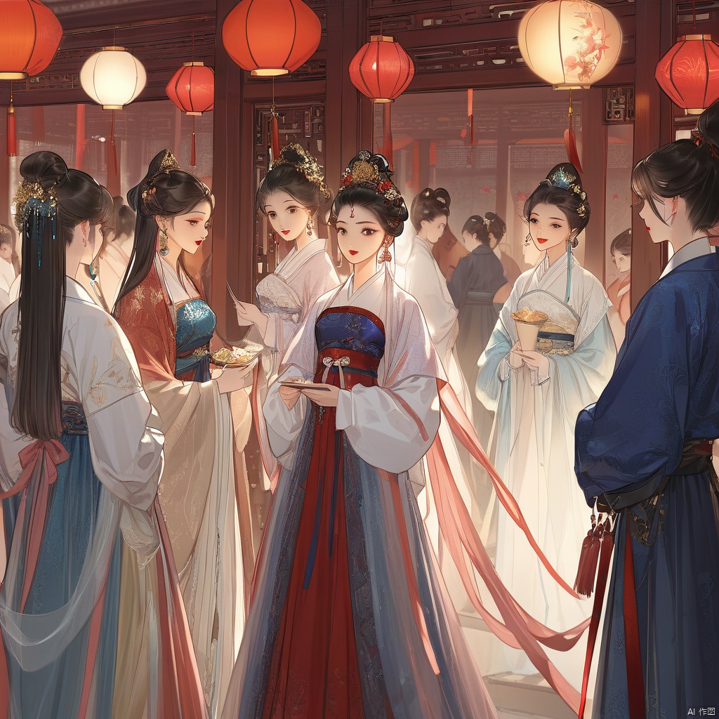  (best quality), ((masterpiece)), (highres),solo focus, detailed illustration of girls in stunning Hanfu attire are talking to each others, at an ancient Chinese banquet. Adorned with jewelry and beautiful hair ornaments, they exude elegance. Their black hair, red lips, facial decoration, and traditional makeup complement their attire. Each girl's long sleeves, earrings, and intricate hairstyles add to their charm. Despite their number, the focus remains on their collective beauty and grace.