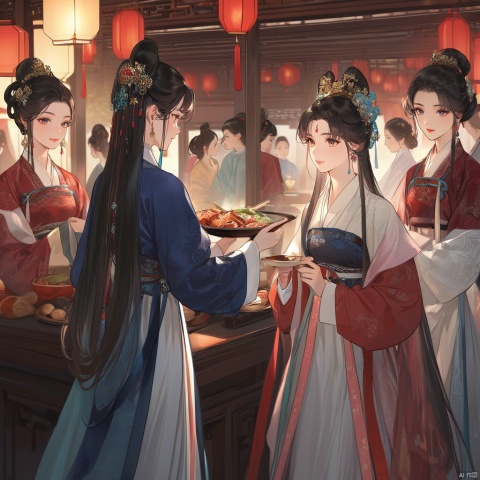  (best quality), ((masterpiece)), (highres),solo focus, detailed illustration of girls in stunning Hanfu attire are talking to each others, at an ancient Chinese banquet. Adorned with jewelry and beautiful hair ornaments, they exude elegance. Their black hair, red lips, facial decoration, and traditional makeup complement their attire. Each girl's long sleeves, earrings, and intricate hairstyles add to their charm. Despite their number, the focus remains on their collective beauty and grace.